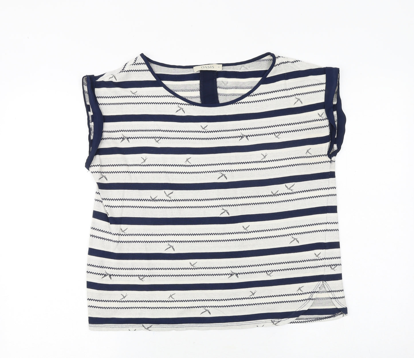 Oasis Womens Blue Geometric Polyester Basic T-Shirt Size M Round Neck - Birds