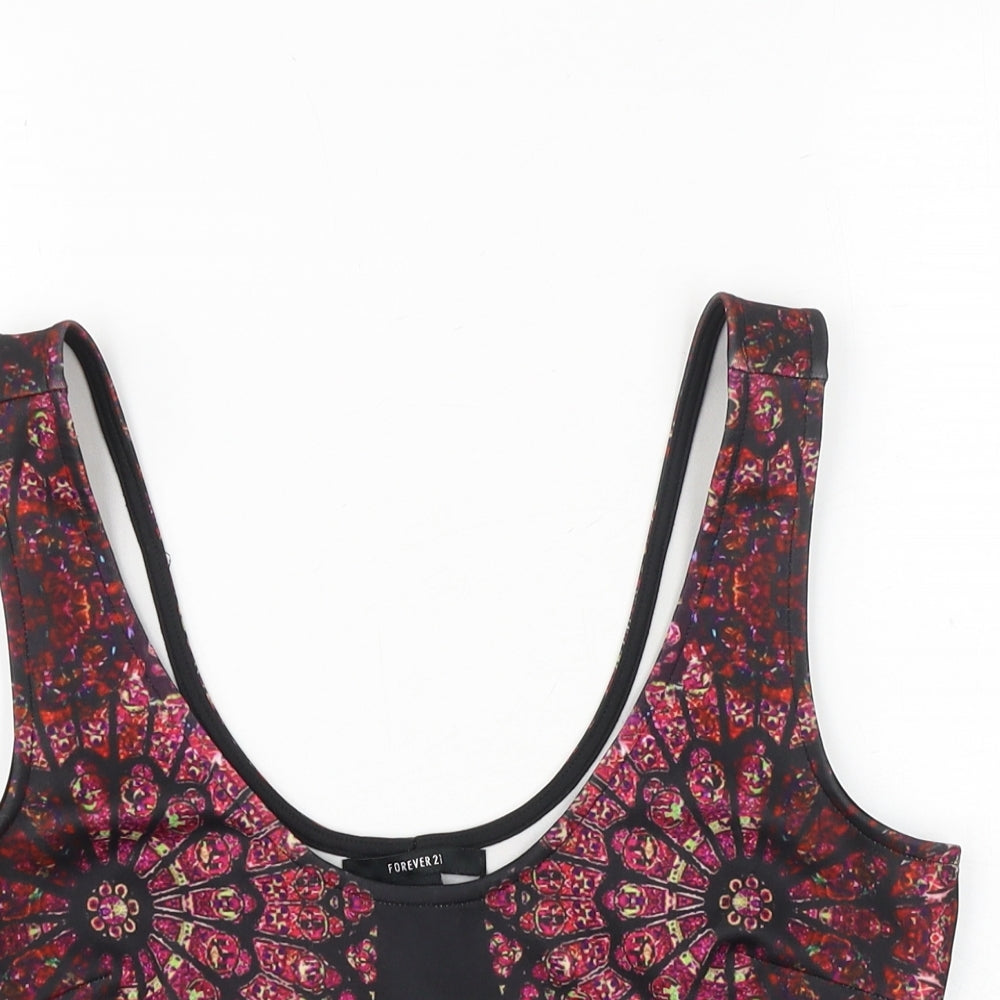 FOREVER 21 Womens Black Geometric Polyester Basic Tank Size M Round Neck