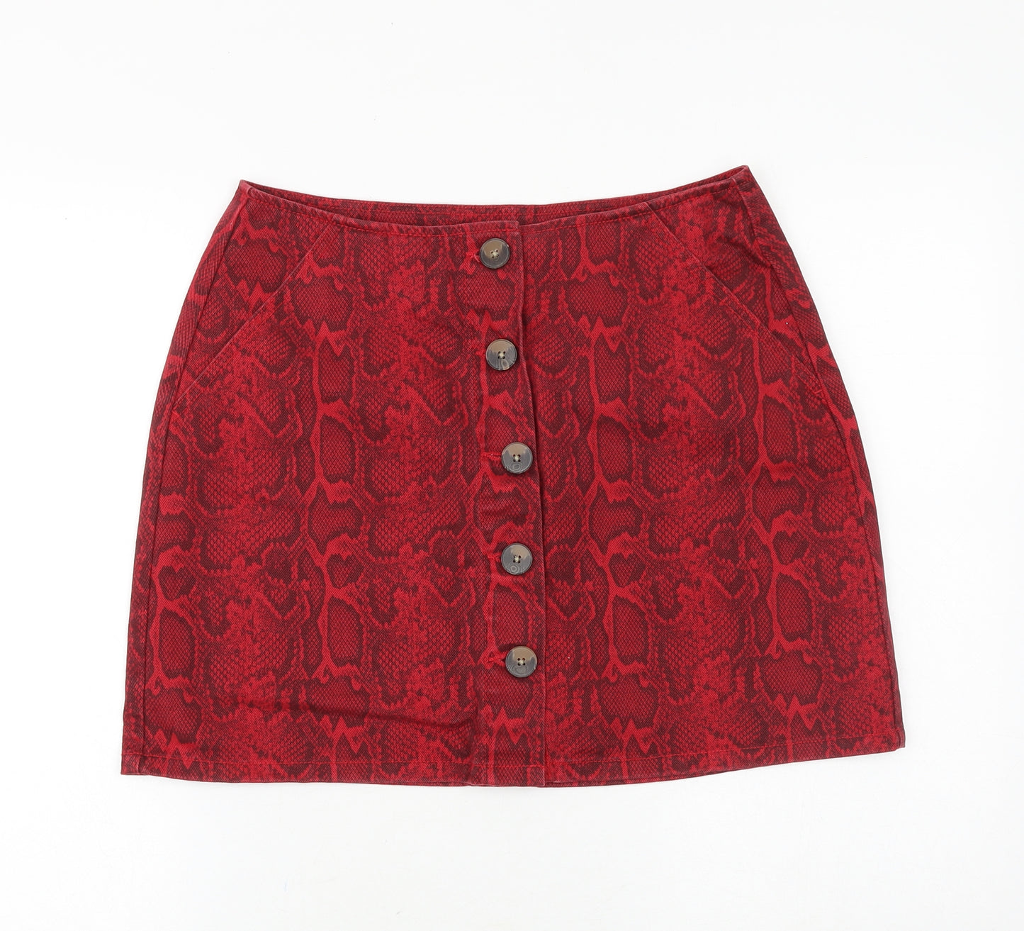 Matalan Womens Red Animal Print Cotton Mini Skirt Size 12 Button - Snake Print
