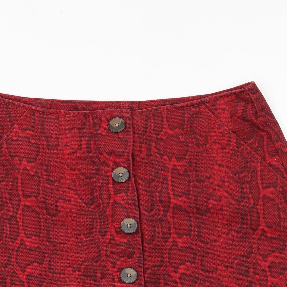 Matalan Womens Red Animal Print Cotton Mini Skirt Size 12 Button - Snake Print