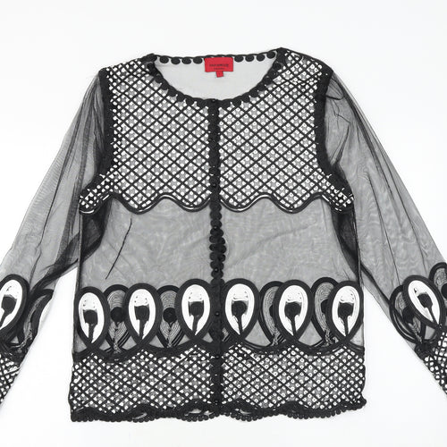 PARAMOUR Womens Black Geometric Viscose Basic Button-Up Size L Round Neck