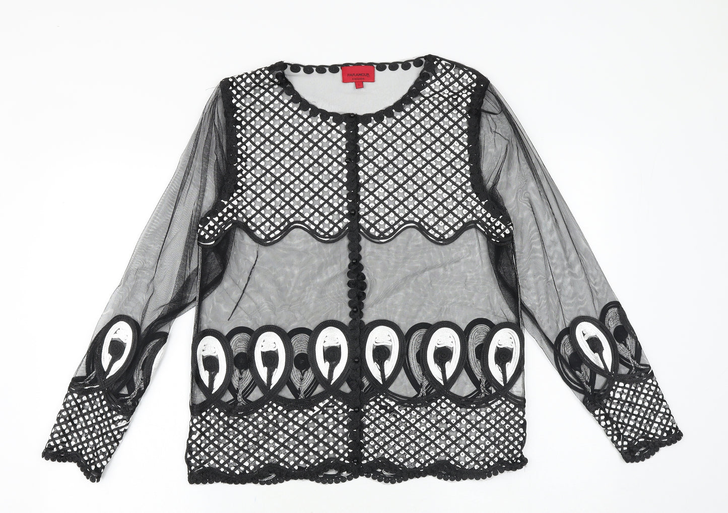 PARAMOUR Womens Black Geometric Viscose Basic Button-Up Size L Round Neck