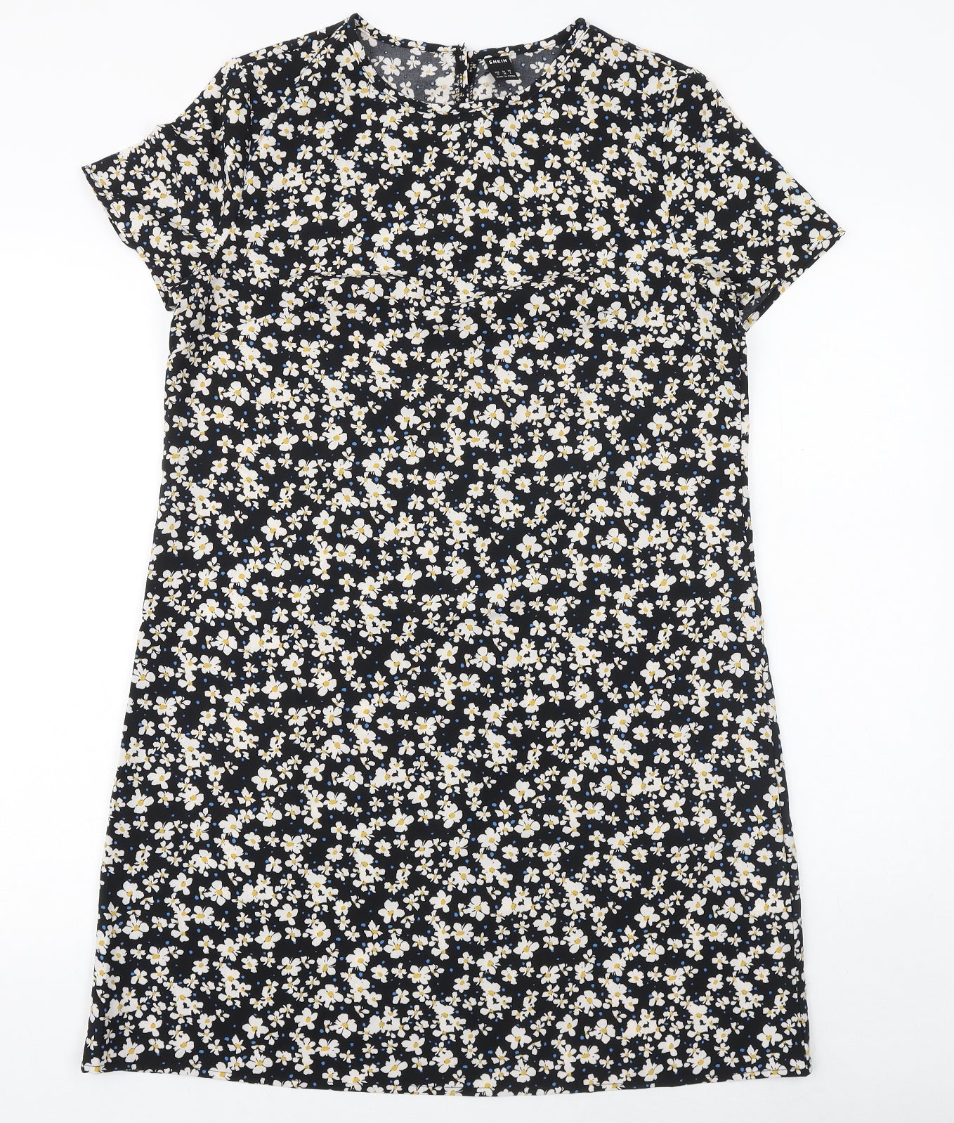 SheIn Womens Black Floral Polyester A-Line Size M Round Neck Button