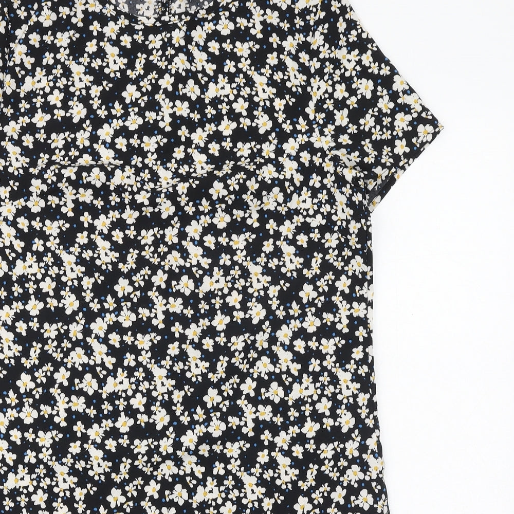 SheIn Womens Black Floral Polyester A-Line Size M Round Neck Button