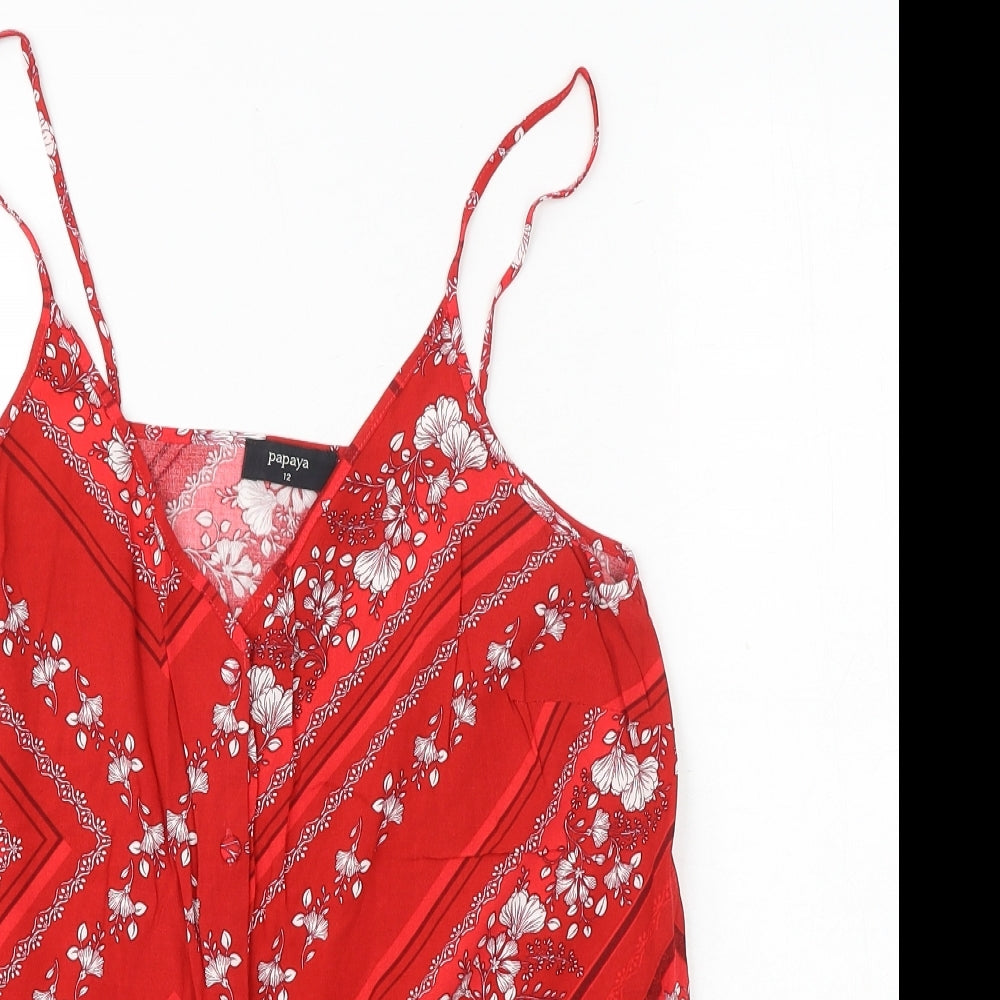 Papaya Womens Red Geometric Viscose Basic Tank Size 12 V-Neck