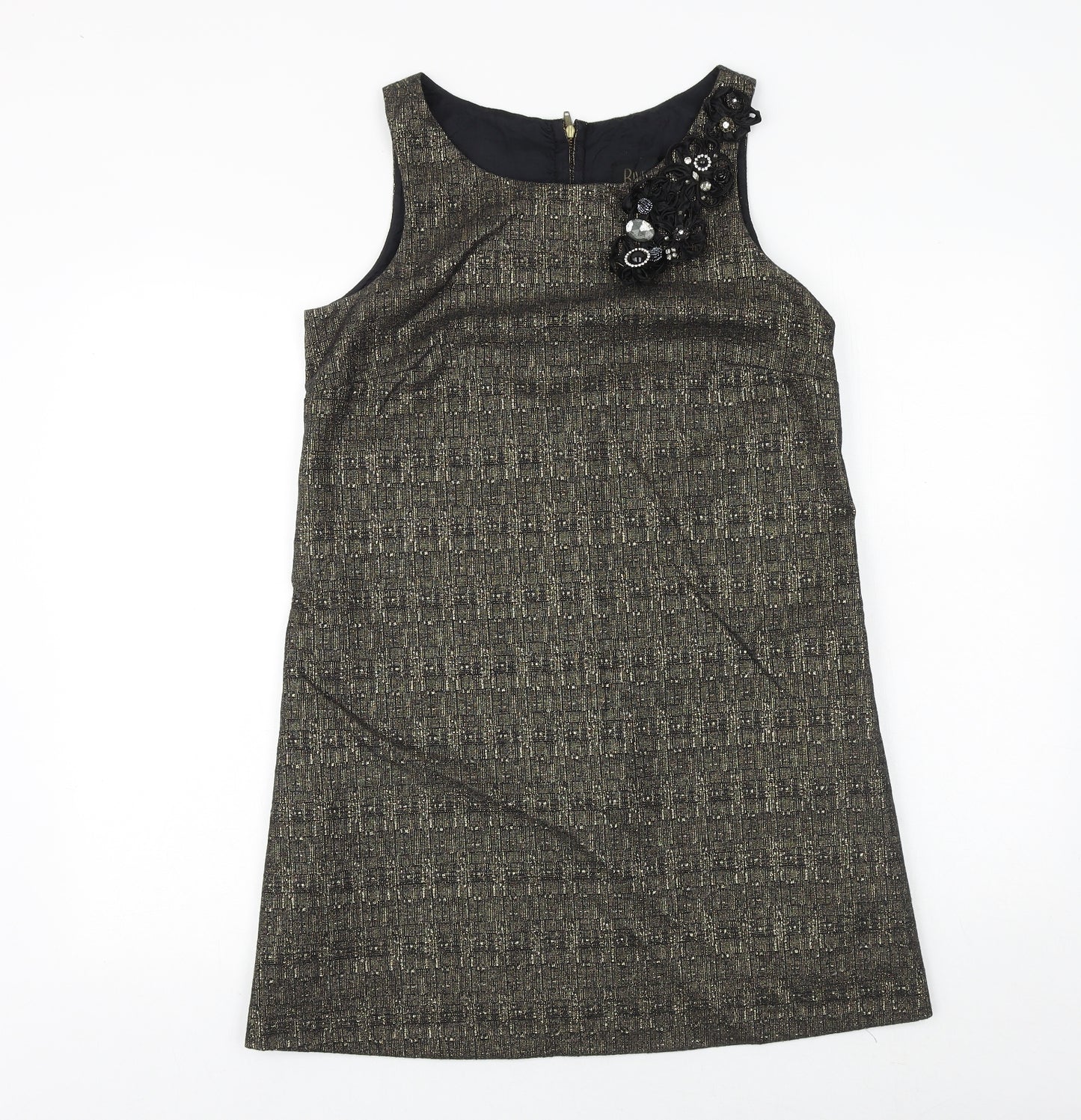 River Island Womens Black Geometric Wool A-Line Size 12 Round Neck Zip - Flower Detail