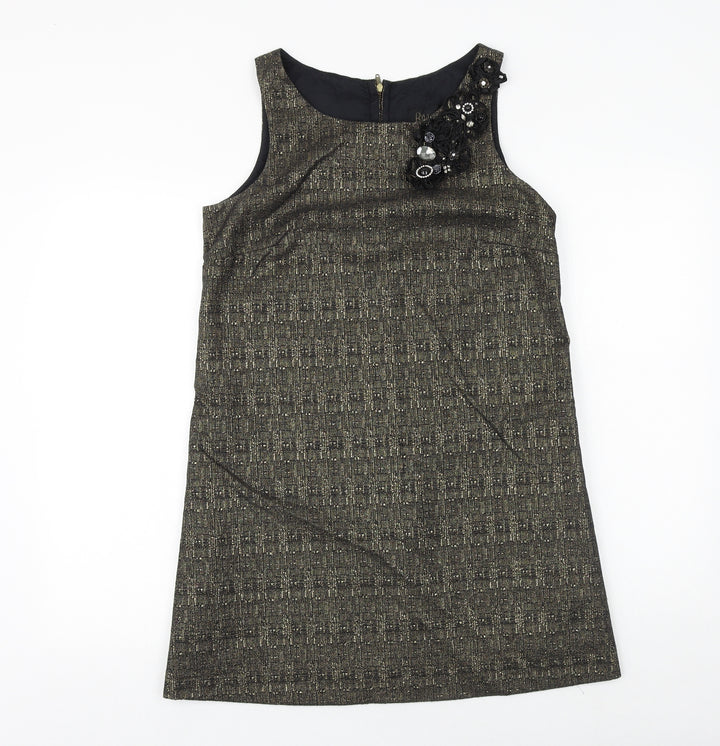 River Island Womens Black Geometric Wool A-Line Size 12 Round Neck Zip - Flower Detail