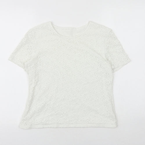 Agenda Womens White Geometric Nylon Basic T-Shirt Size 16 Round Neck