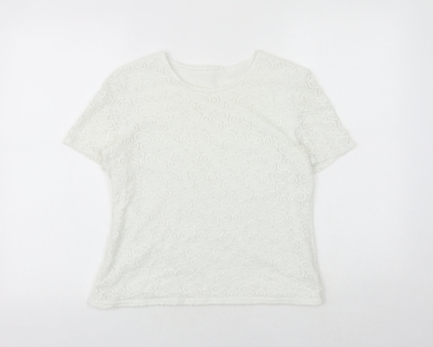 Agenda Womens White Geometric Nylon Basic T-Shirt Size 16 Round Neck