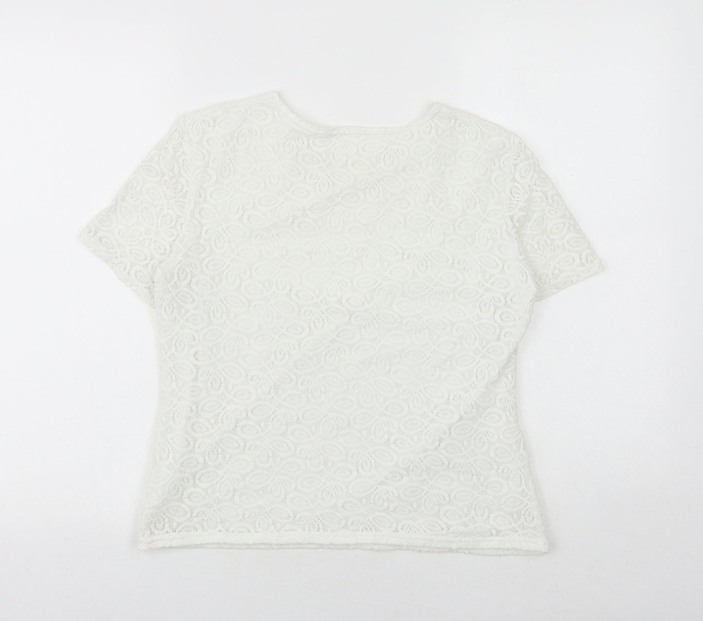 Agenda Womens White Geometric Nylon Basic T-Shirt Size 16 Round Neck