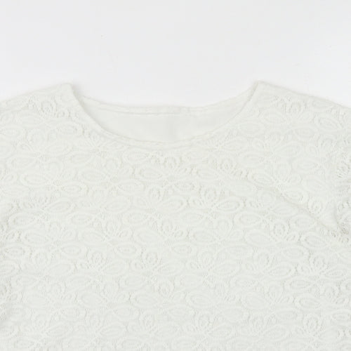 Agenda Womens White Geometric Nylon Basic T-Shirt Size 16 Round Neck