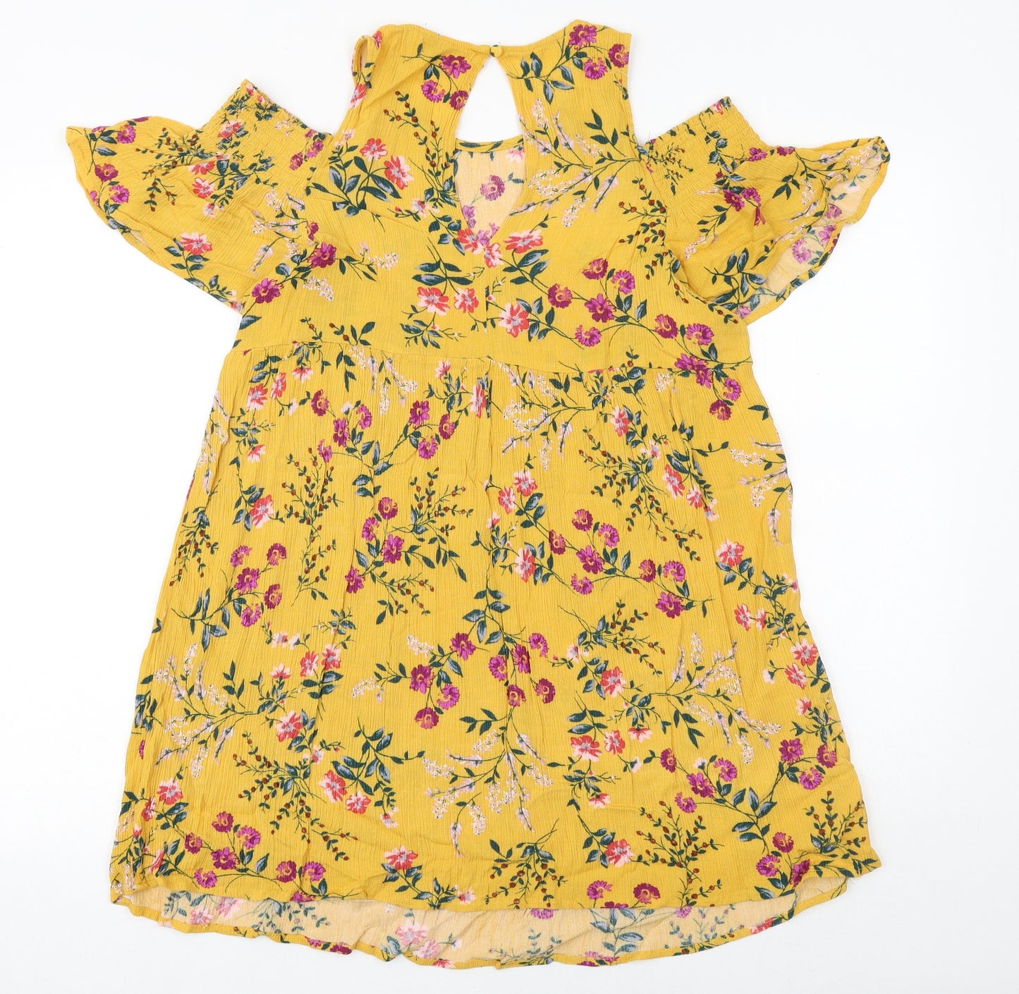 Glamorous Womens Yellow Floral Viscose A-Line Size S Round Neck Button