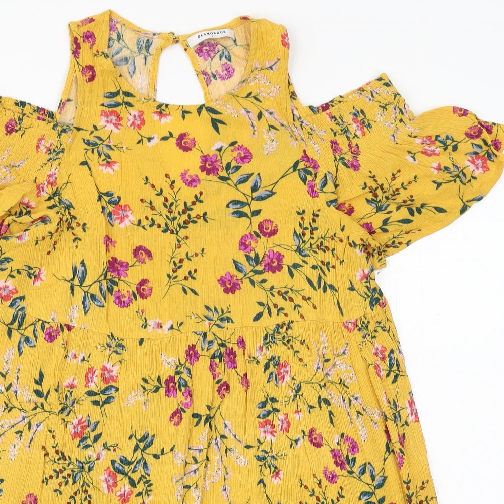 Glamorous Womens Yellow Floral Viscose A-Line Size S Round Neck Button