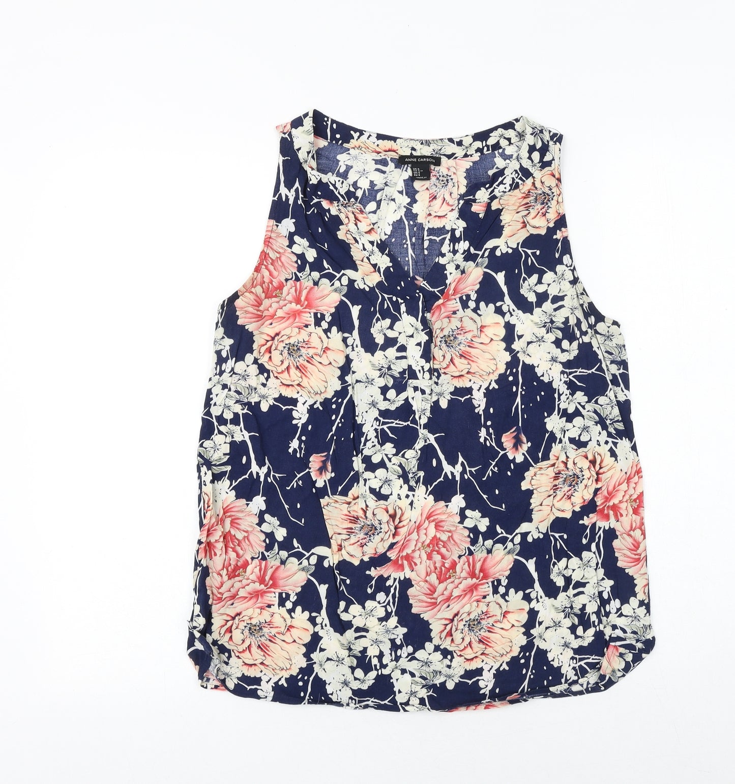 Anne Carson Womens Blue Floral Viscose Basic Tank Size S V-Neck