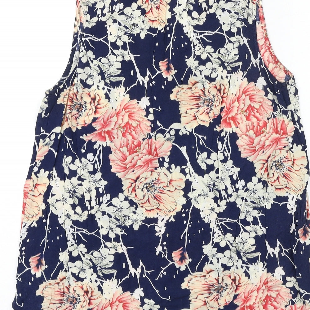Anne Carson Womens Blue Floral Viscose Basic Tank Size S V-Neck