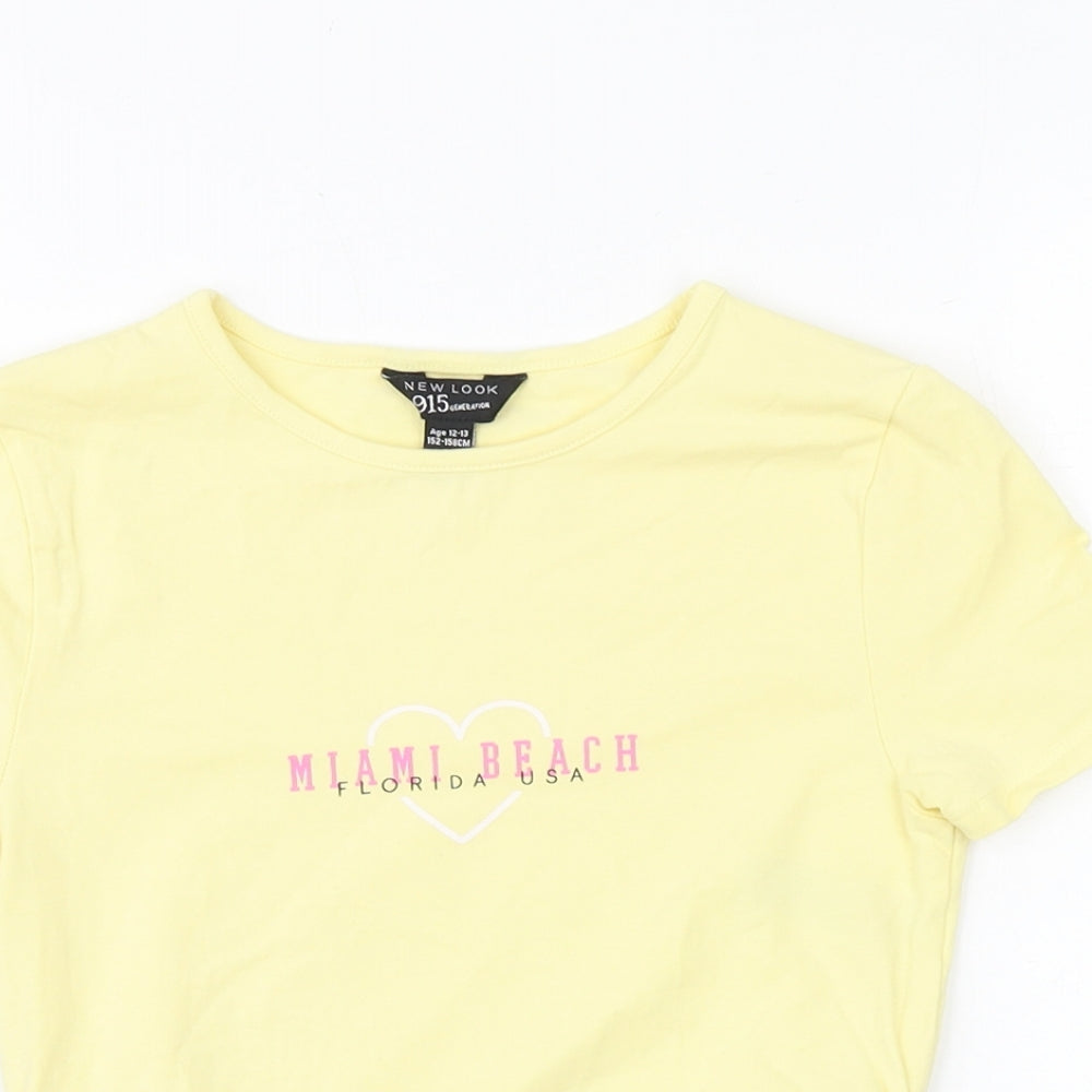 New Look Girls Yellow 100% Cotton Basic T-Shirt Size 12-13 Years Round Neck Pullover - Miami Beach