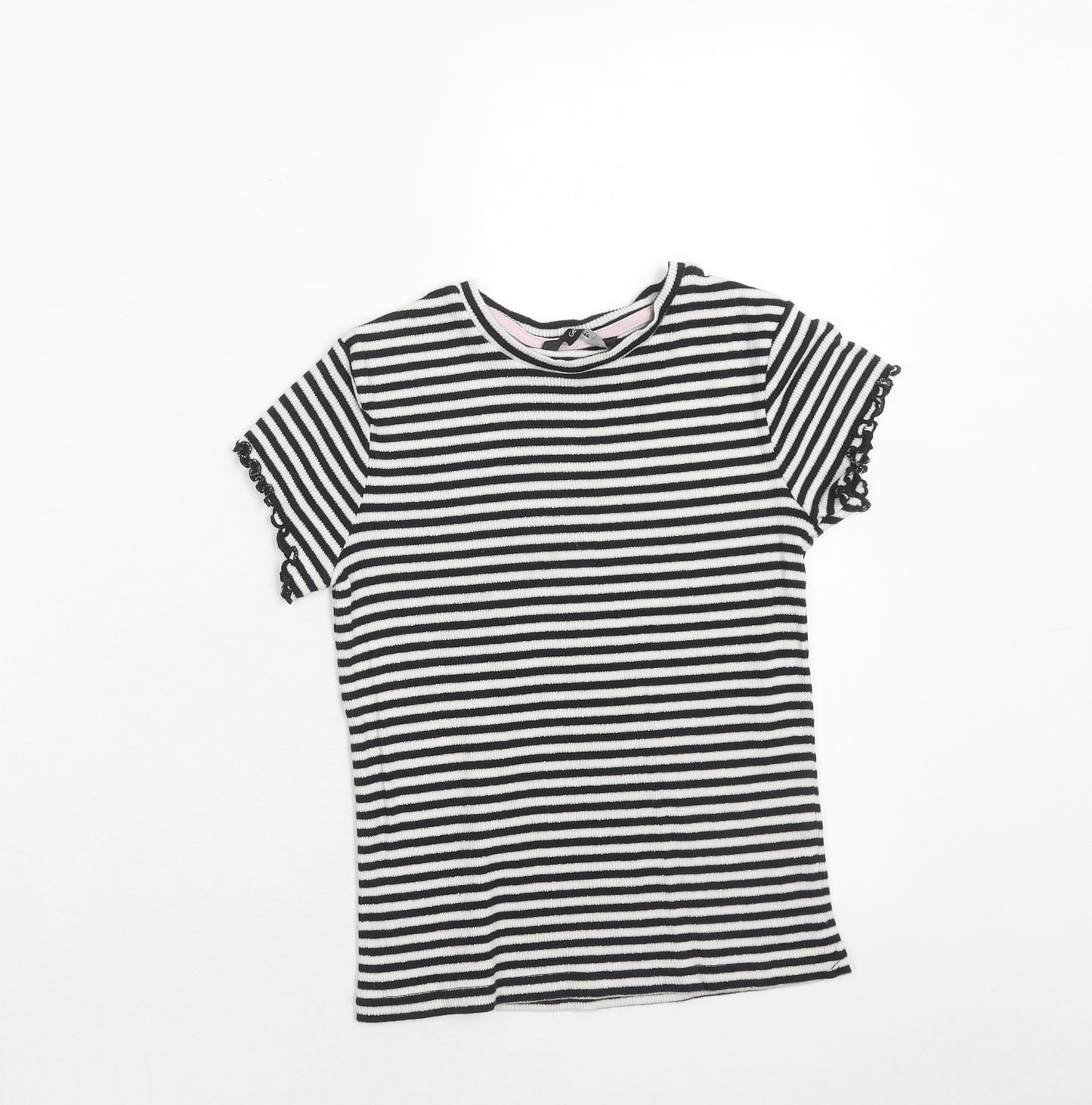 George Girls White Striped Cotton Basic T-Shirt Size 8-9 Years Round Neck Pullover