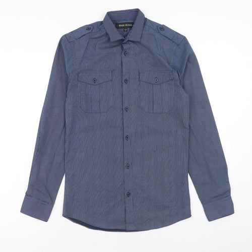 River Island Mens Blue Striped Polyester Button-Up Size XS Collared Button