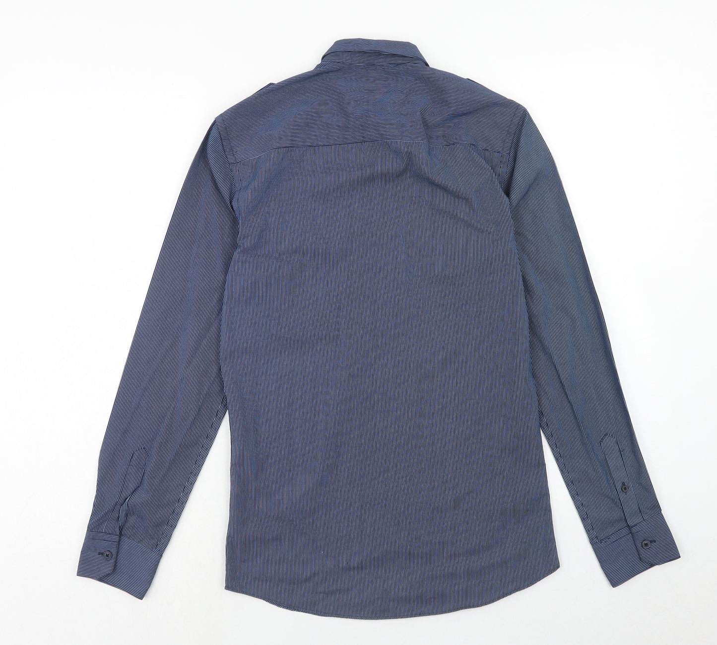 River Island Mens Blue Striped Polyester Button-Up Size XS Collared Button