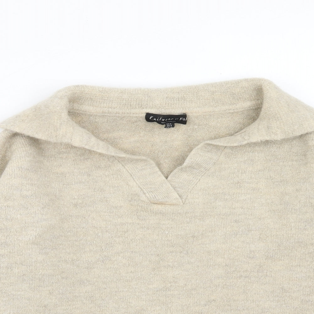 F&F Womens Beige Collared Acrylic Pullover Jumper Size 8