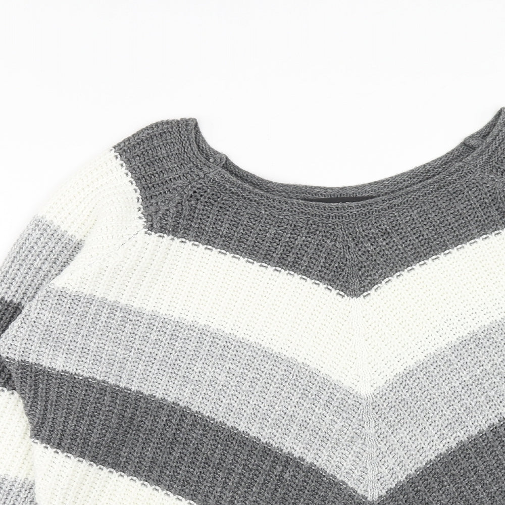 Cameo Rose Womens Grey Boat Neck Striped Acrylic Pullover Jumper Size M