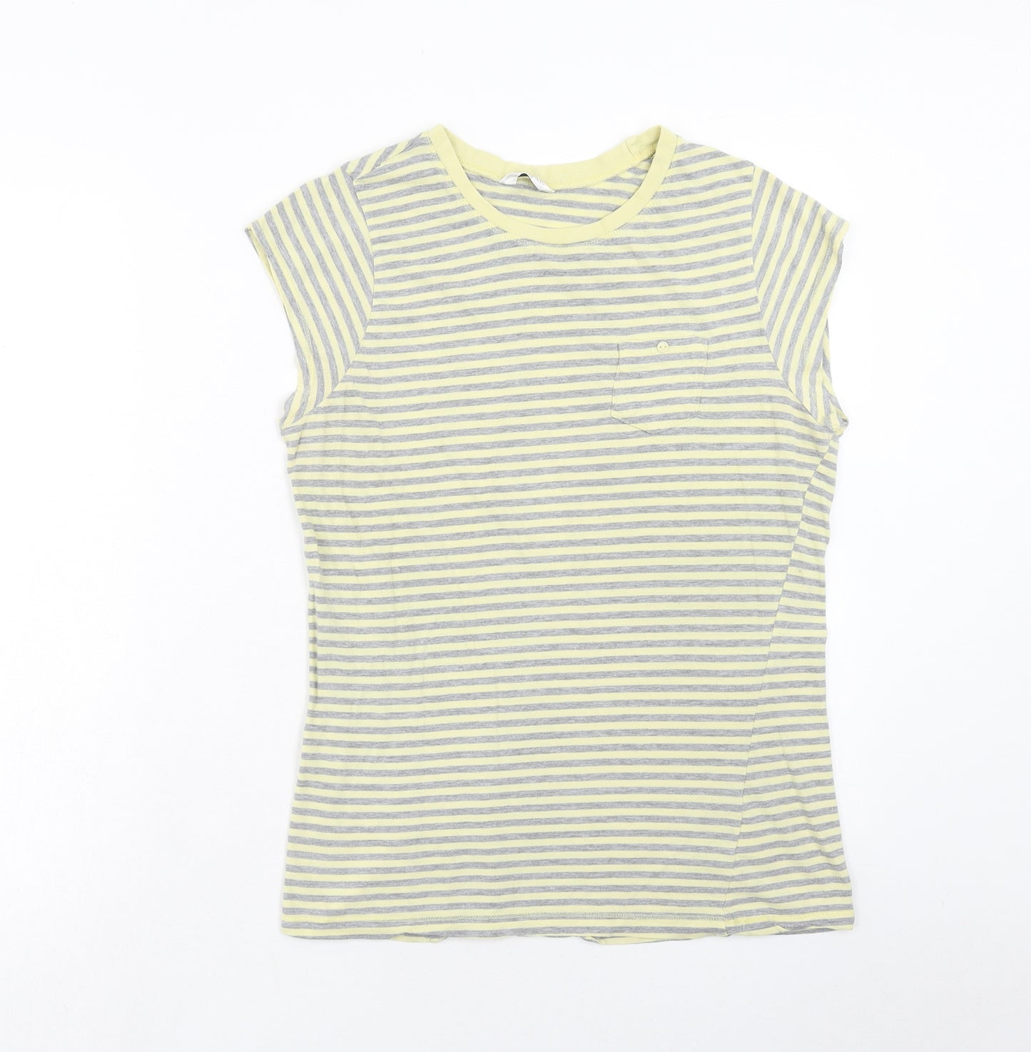 Editions Womens Yellow Striped Polyester Basic T-Shirt Size 14 Round Neck