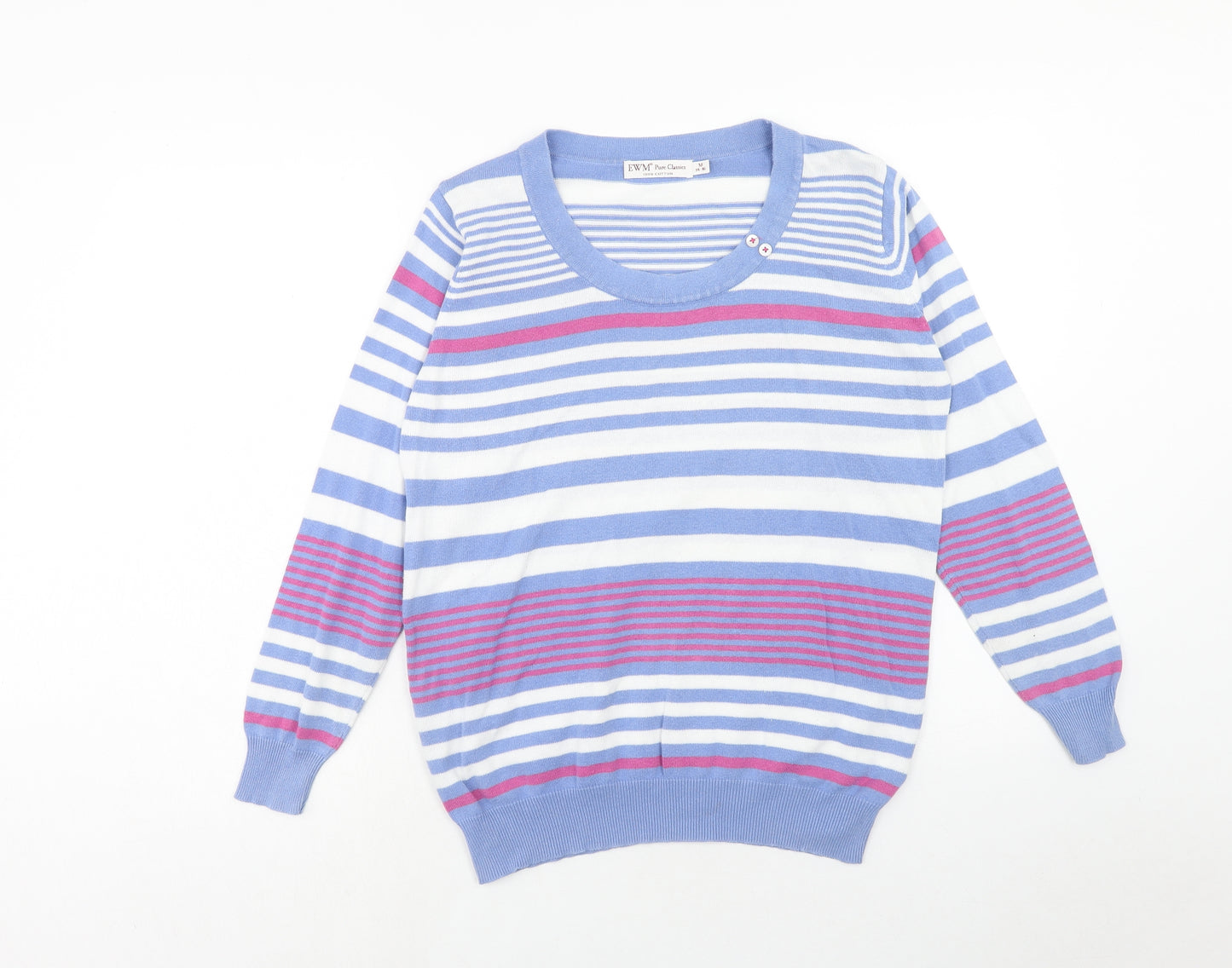 EWM Womens Blue Scoop Neck Striped Cotton Pullover Jumper Size M