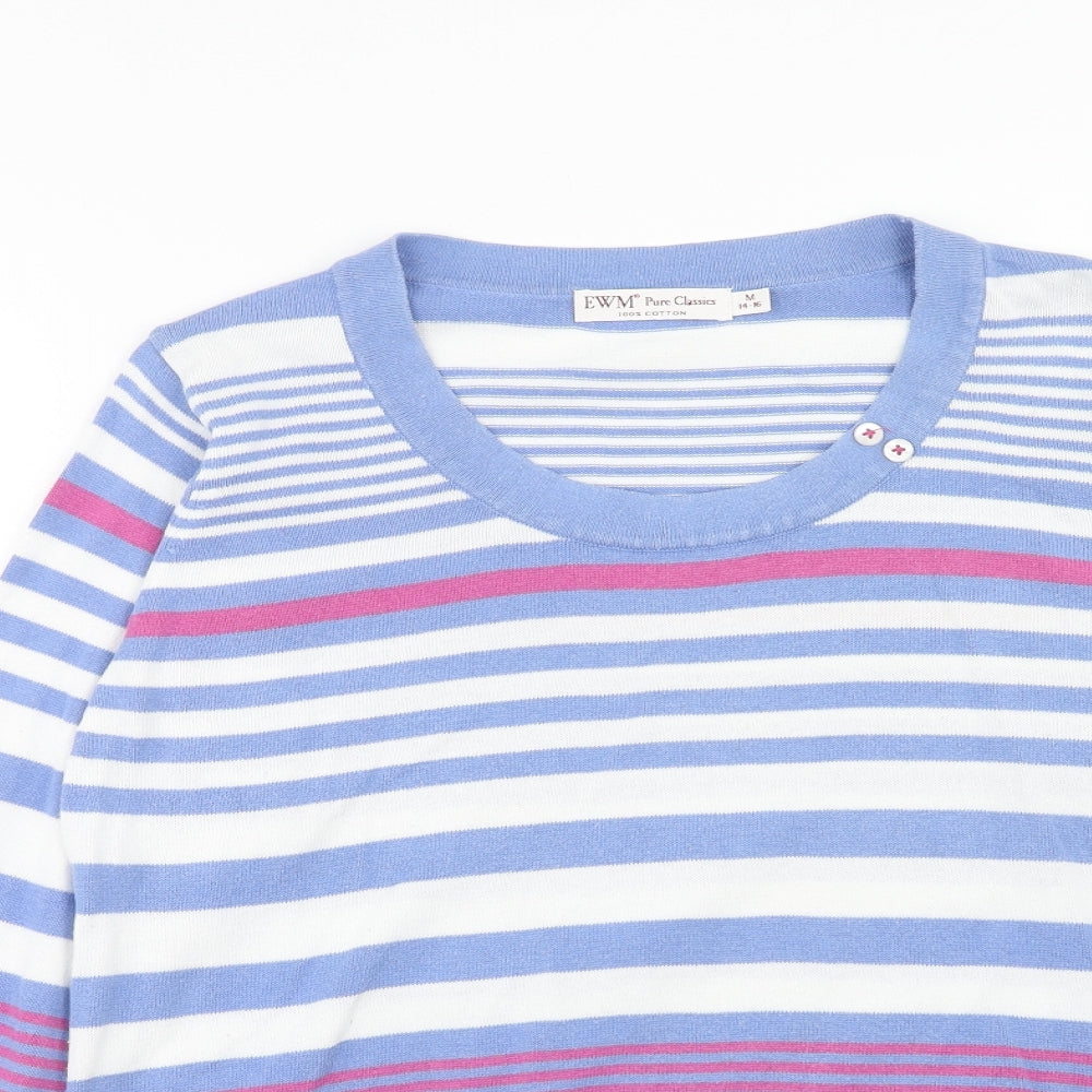 EWM Womens Blue Scoop Neck Striped Cotton Pullover Jumper Size M