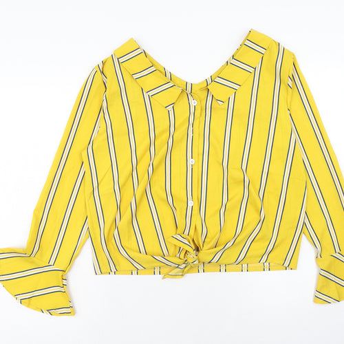 Preworn Womens Yellow Striped Polyester Basic Button-Up Size M Collared
