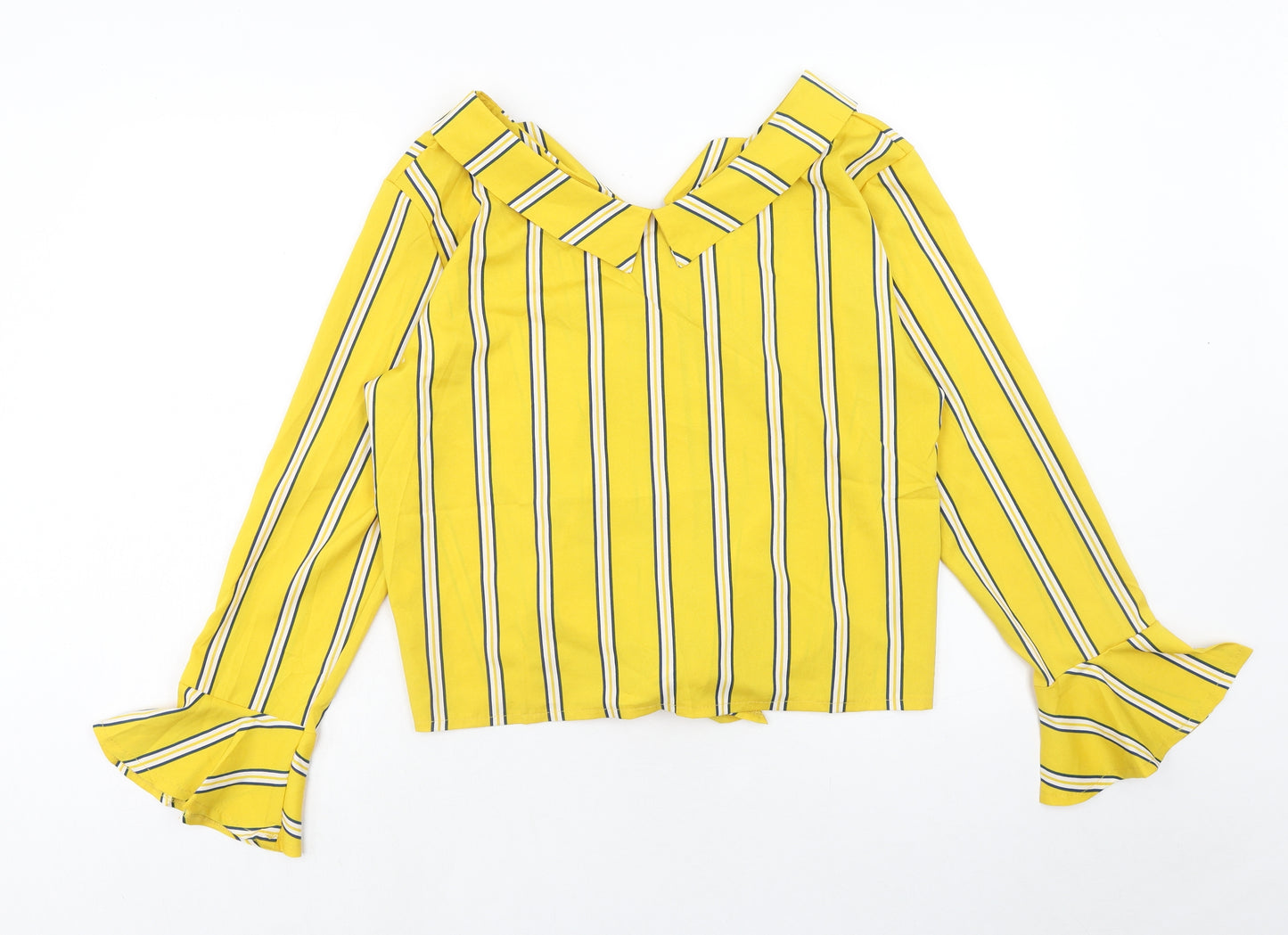 Preworn Womens Yellow Striped Polyester Basic Button-Up Size M Collared