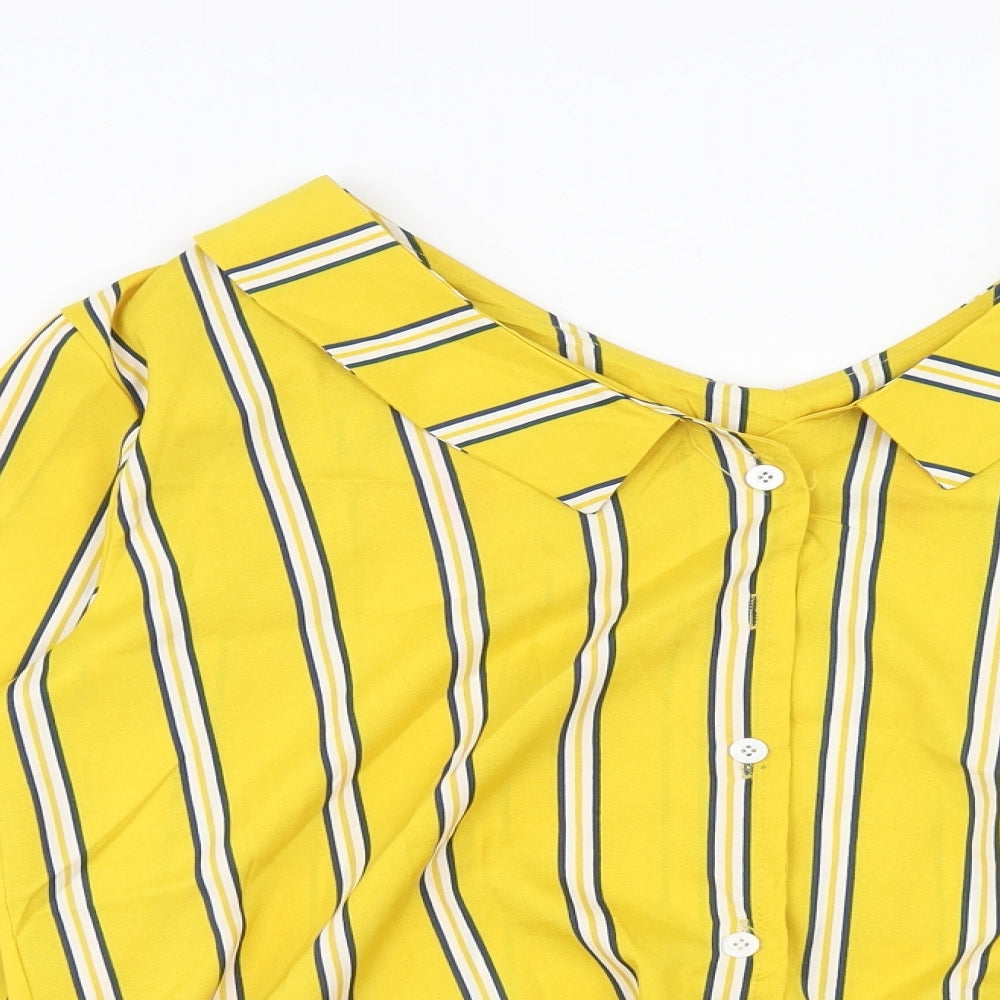 Preworn Womens Yellow Striped Polyester Basic Button-Up Size M Collared