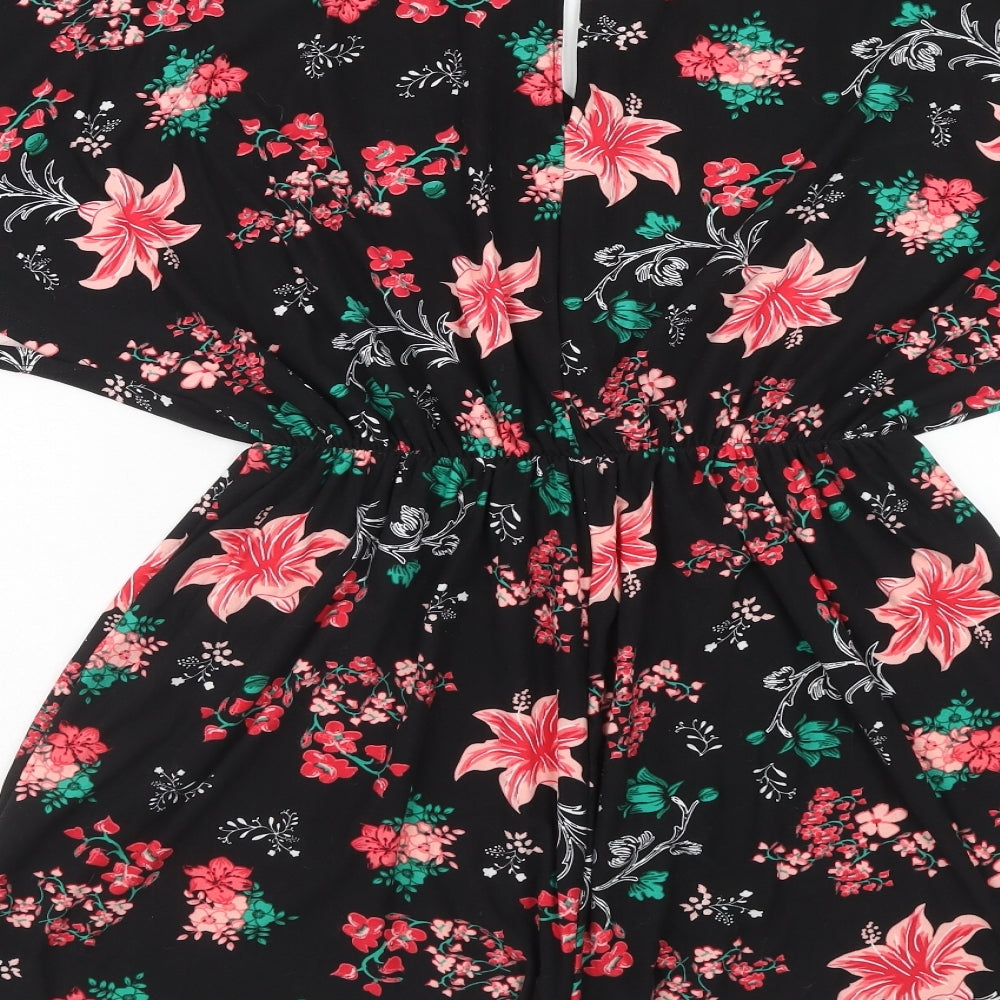 Poetic Soul Womens Black Floral Polyester Playsuit One-Piece Size M Button