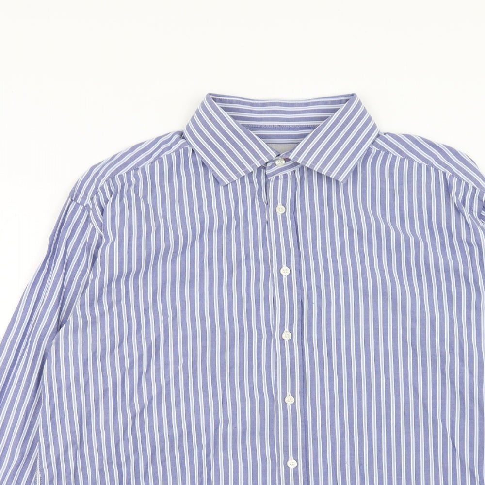 Salters Mens Blue Striped Cotton Button-Up Size L Collared Button