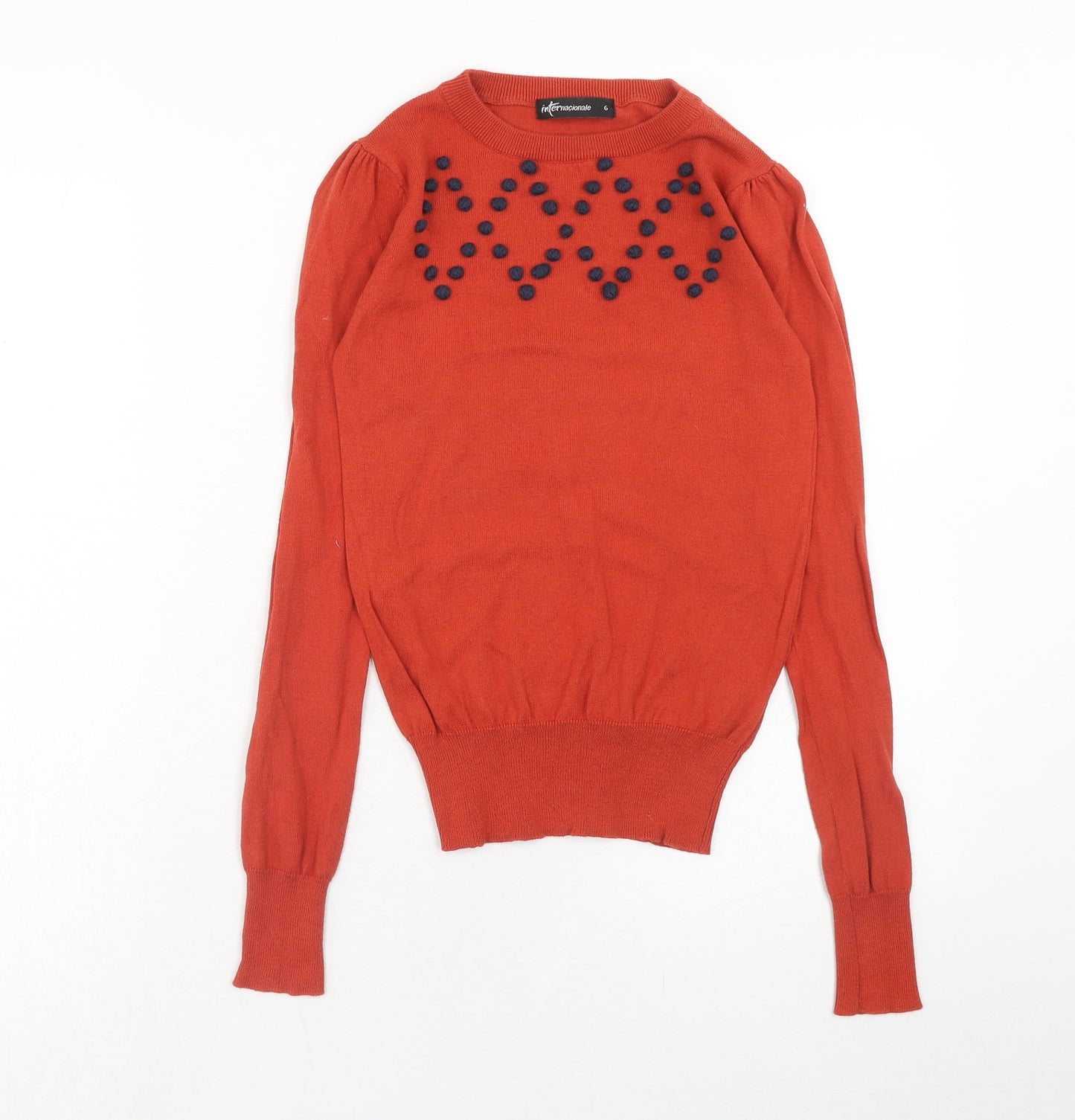 International Womens Red Boat Neck Cotton Pullover Jumper Size 6 - Pom Pom Detail