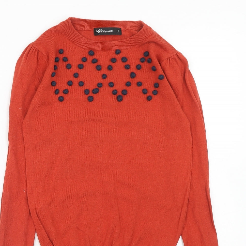 International Womens Red Boat Neck Cotton Pullover Jumper Size 6 - Pom Pom Detail