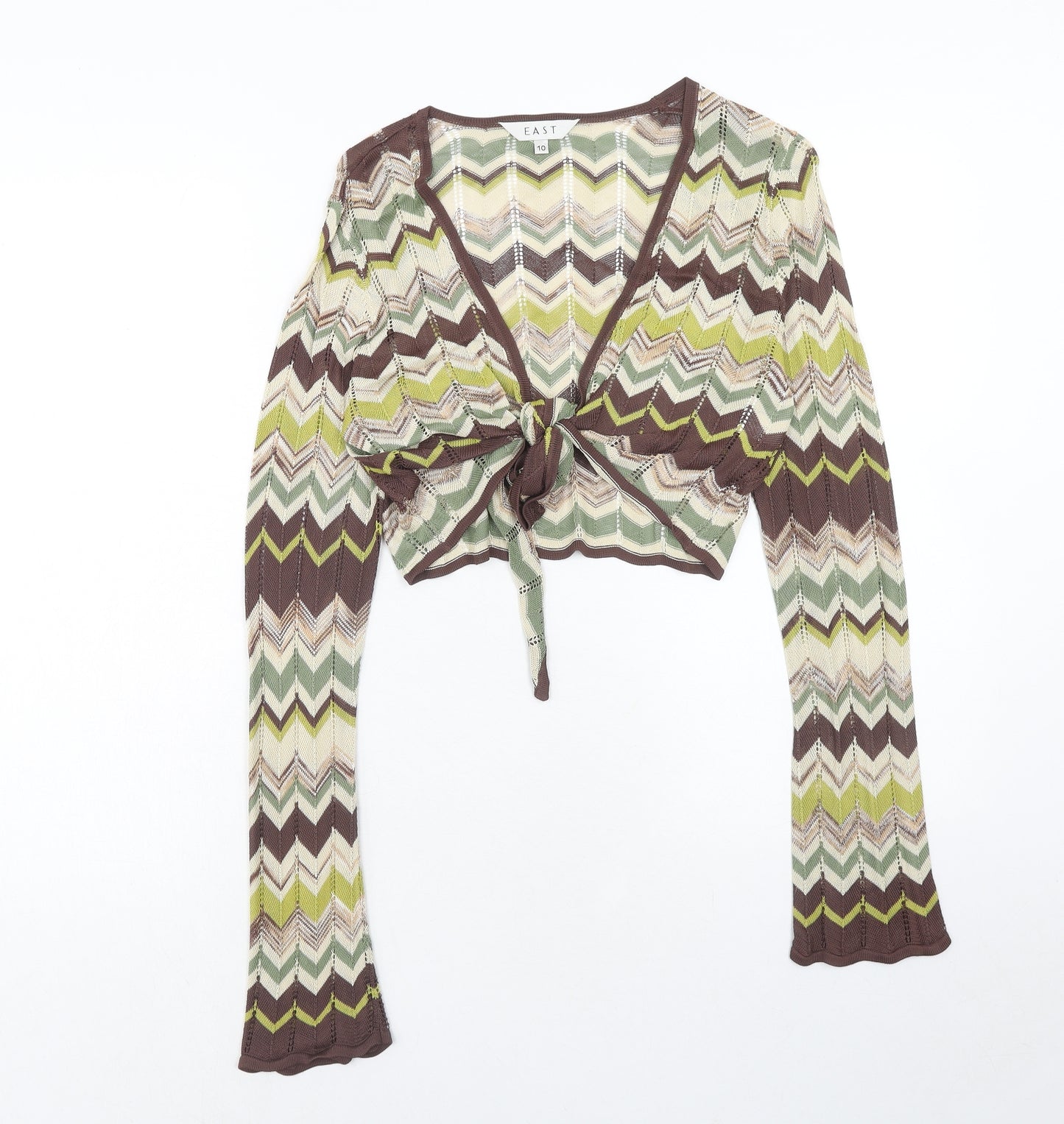 EAST Womens Green V-Neck Geometric Viscose Cardigan Jumper Size 10 - Cropped Tie Front