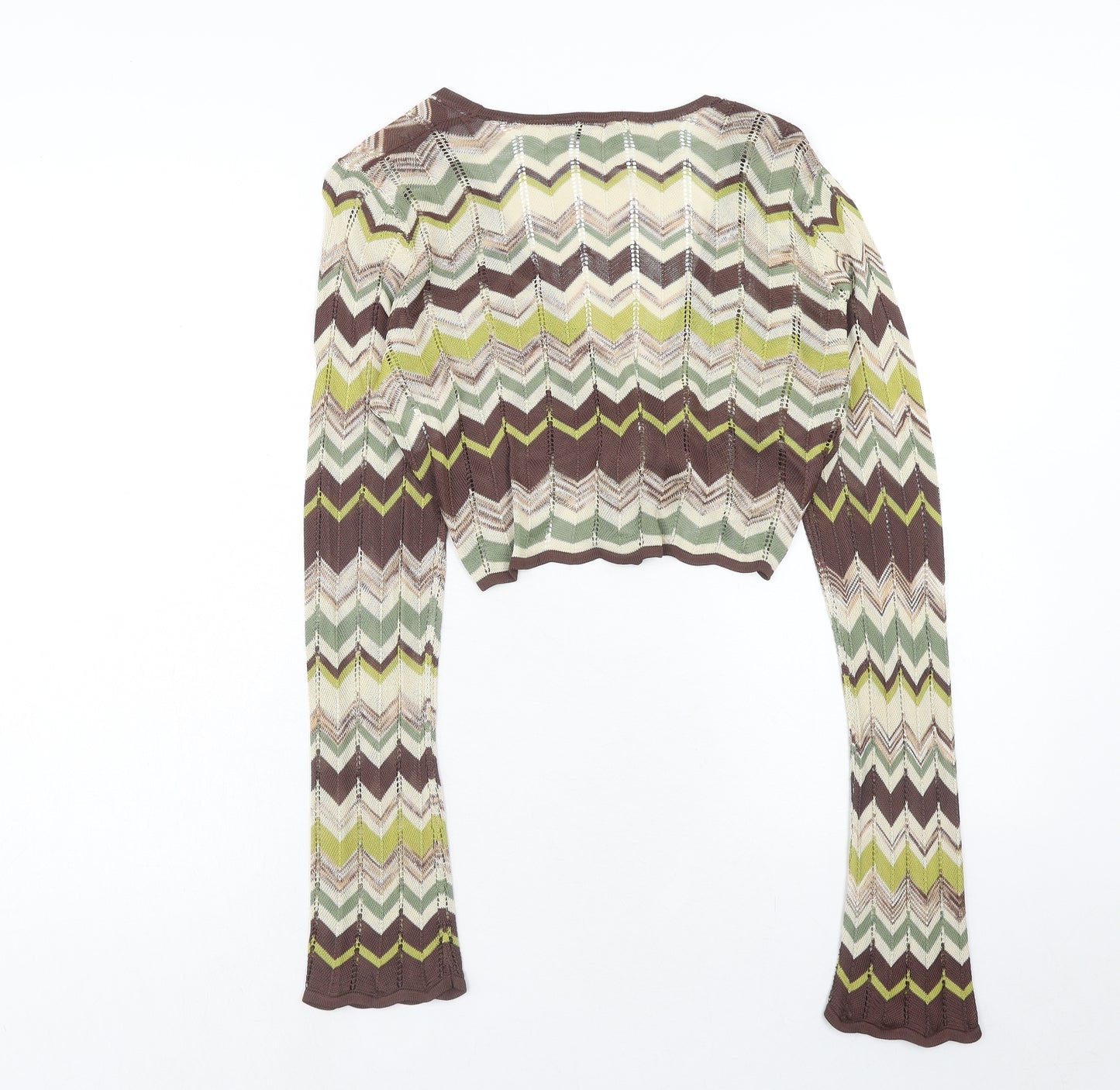 EAST Womens Green V-Neck Geometric Viscose Cardigan Jumper Size 10 - Cropped Tie Front