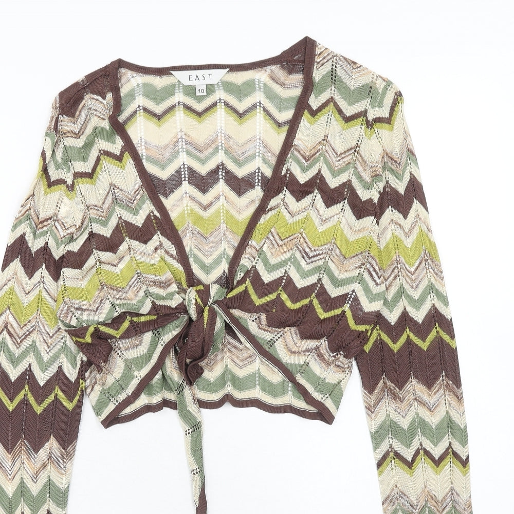 EAST Womens Green V-Neck Geometric Viscose Cardigan Jumper Size 10 - Cropped Tie Front