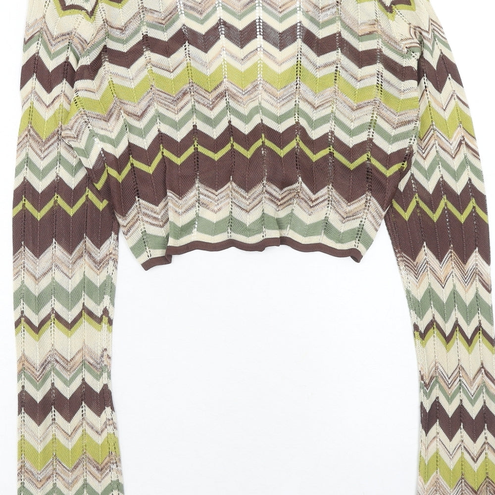 EAST Womens Green V-Neck Geometric Viscose Cardigan Jumper Size 10 - Cropped Tie Front