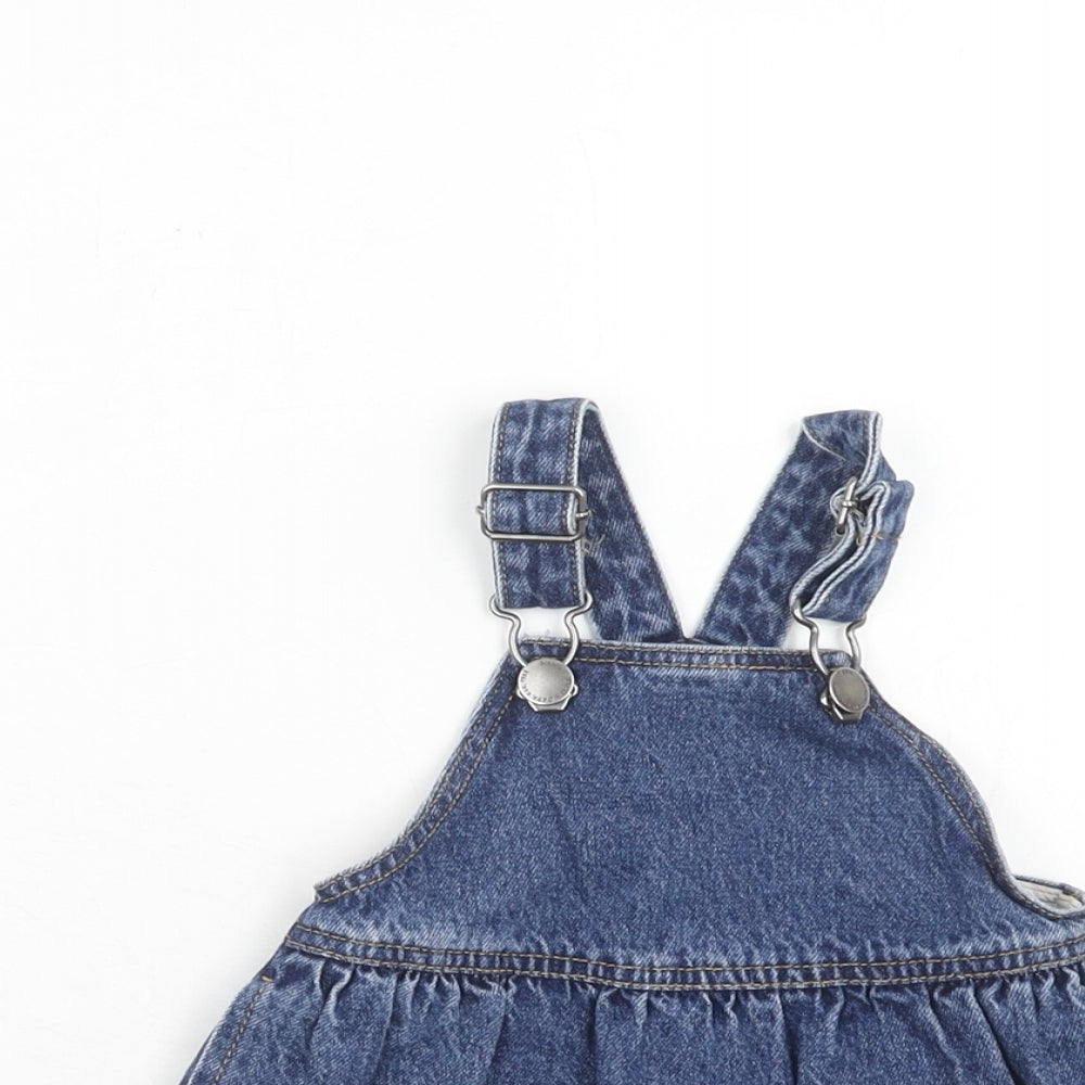 NEXT Girls Blue Cotton Pinafore/Dungaree Dress Size 3-6 Months Square Neck Button