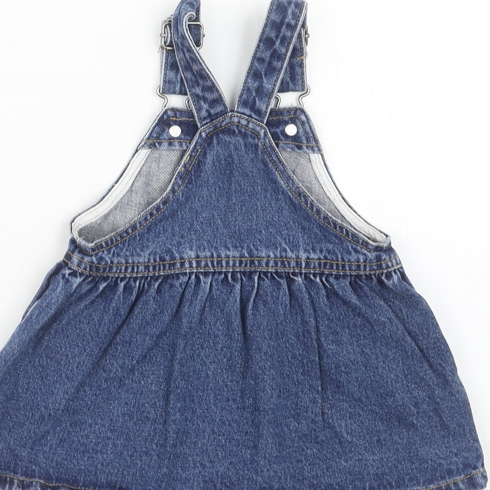 NEXT Girls Blue Cotton Pinafore/Dungaree Dress Size 3-6 Months Square Neck Button