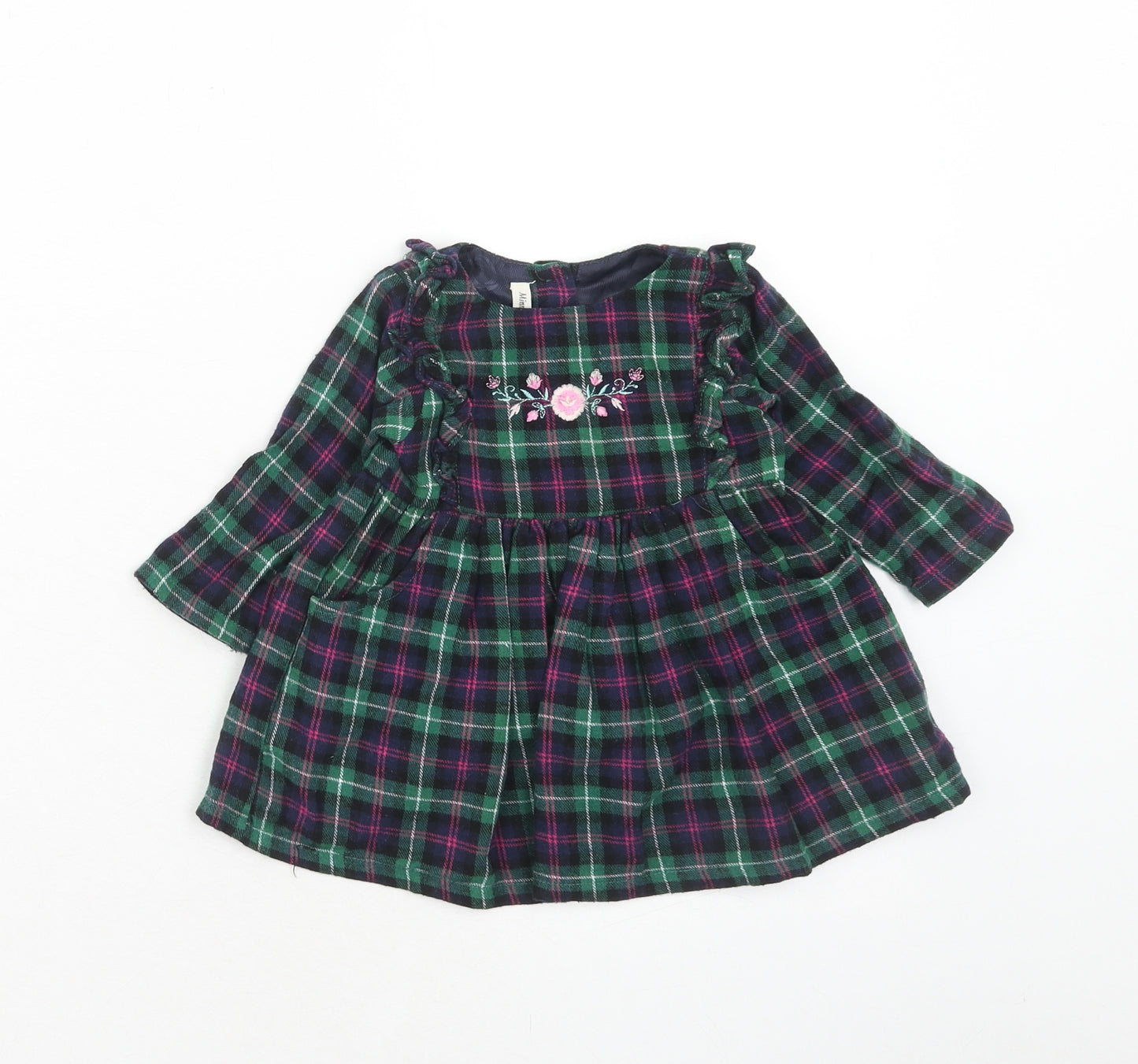 Mini Minors Girls Green Plaid Polyester A-Line Size 3-6 Months Round Neck Button