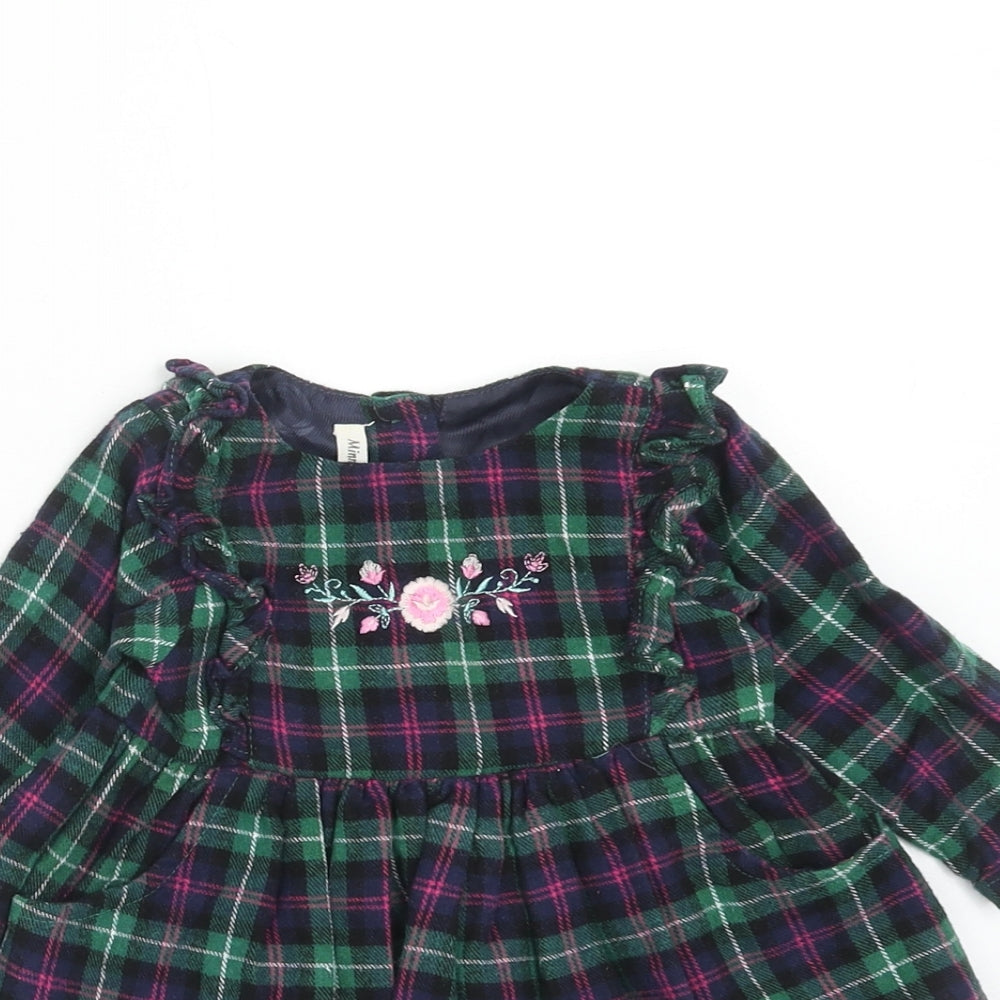 Mini Minors Girls Green Plaid Polyester A-Line Size 3-6 Months Round Neck Button