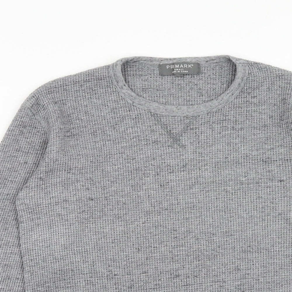Primark Mens Grey Round Neck Herringbone Polyester Pullover Jumper Size S Long Sleeve