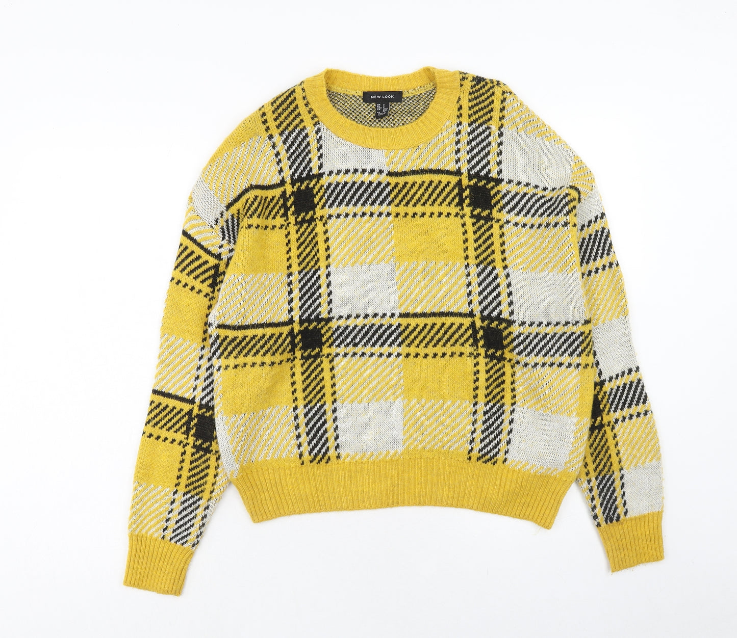New Look Womens Yellow Round Neck Plaid Acrylic Pullover Jumper Size S