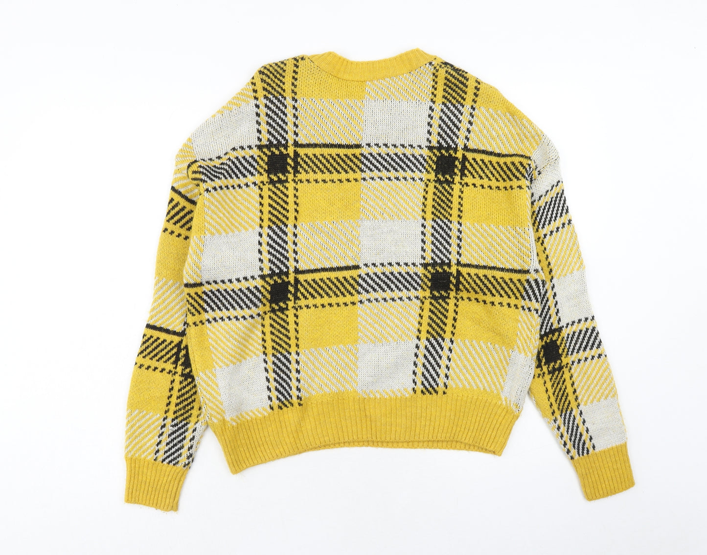 New Look Womens Yellow Round Neck Plaid Acrylic Pullover Jumper Size S
