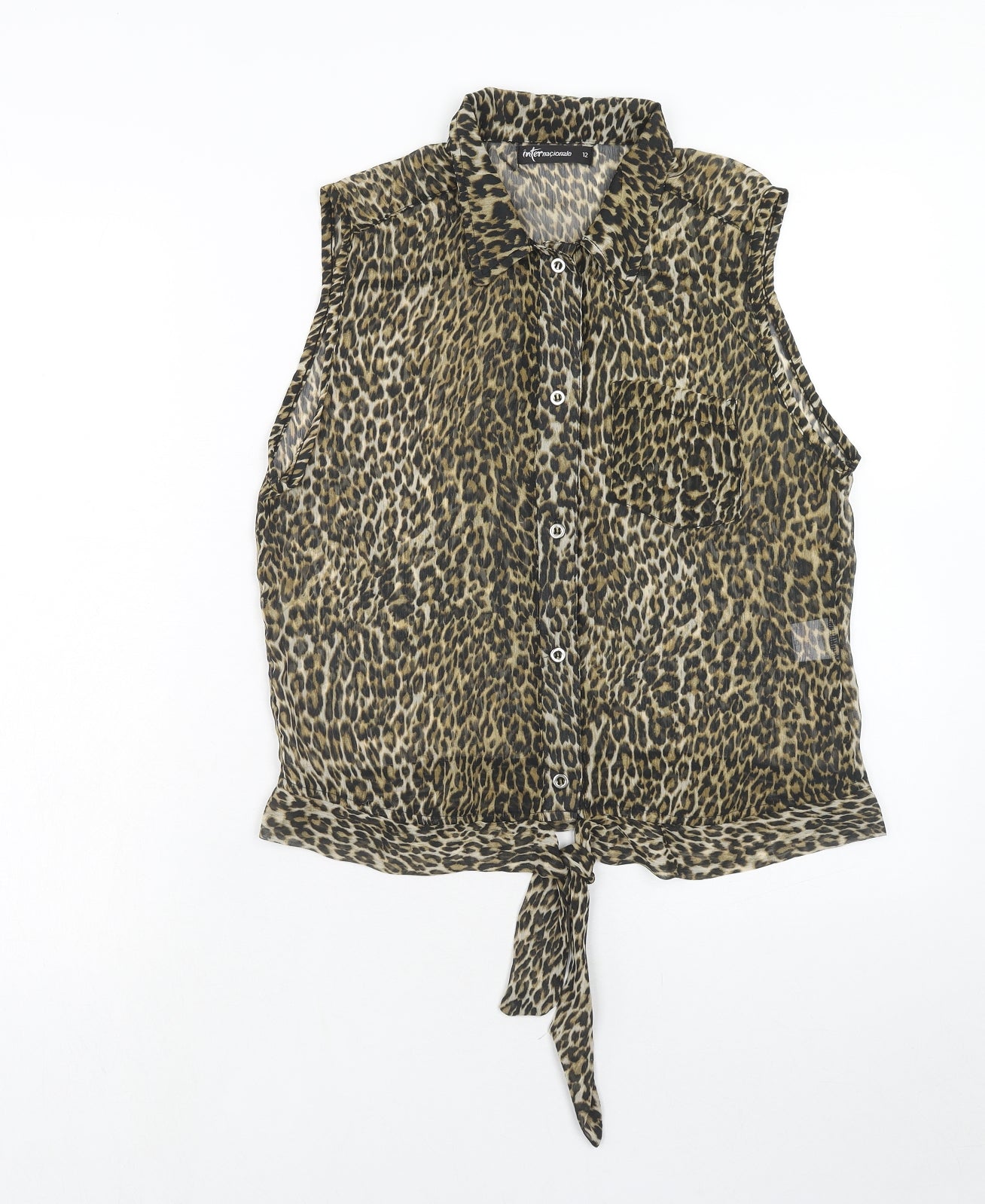 International Womens Brown Animal Print Polyester Basic Button-Up Size 12 Collared - Leopard Print