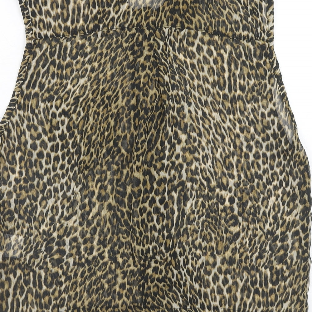 International Womens Brown Animal Print Polyester Basic Button-Up Size 12 Collared - Leopard Print