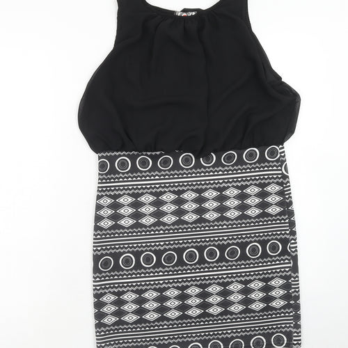 First Love Womens Black Geometric Polyester Shift Size 14 Round Neck Pullover