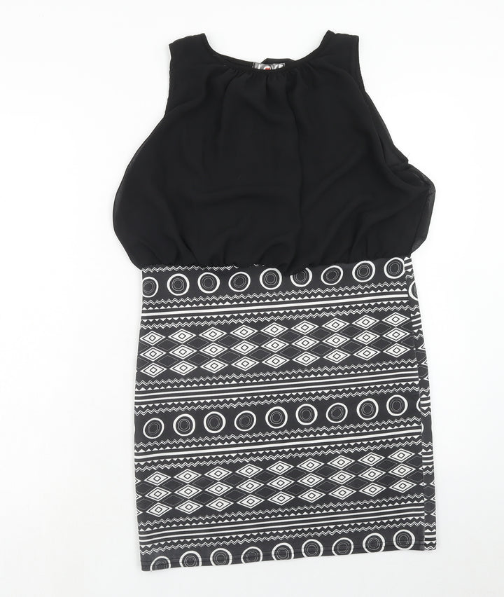First Love Womens Black Geometric Polyester Shift Size 14 Round Neck Pullover